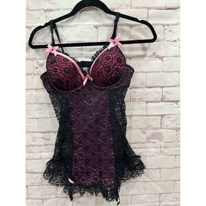 Victorias Secret black and pink lace baby doll size 36b‎